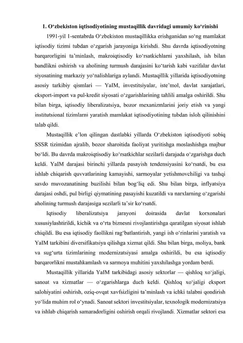 O‘zbekiston iqtisodiyotining mustaqillik davridagi umumiy ko‘rinishi 2