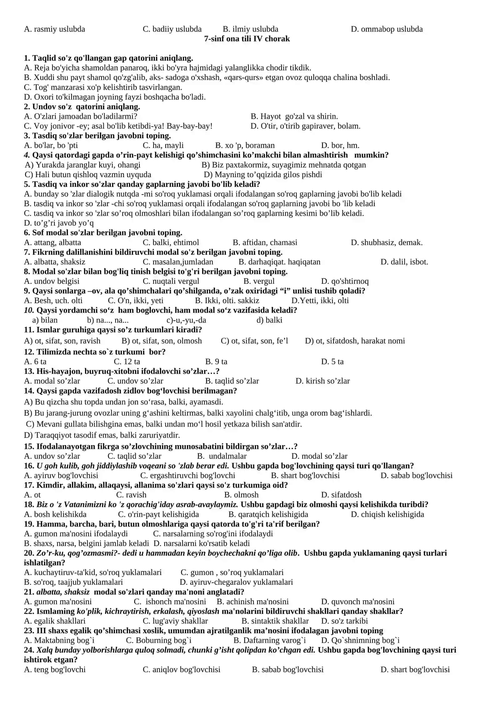 7-sinf ona tili IV chorak 2