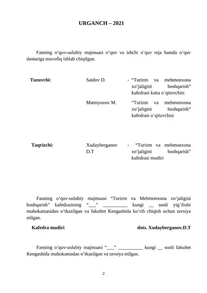 TURIZM VA MEHMONOXONA XO‘JALIGINI BOSHQARISH 2