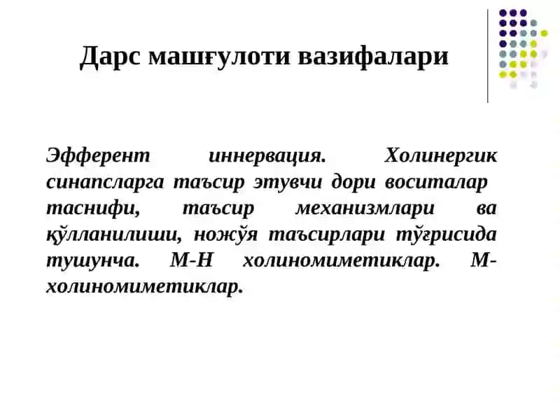 Эфферент иннервация. Холинергик синапсларга таъсир этувчи дори воситалар 2