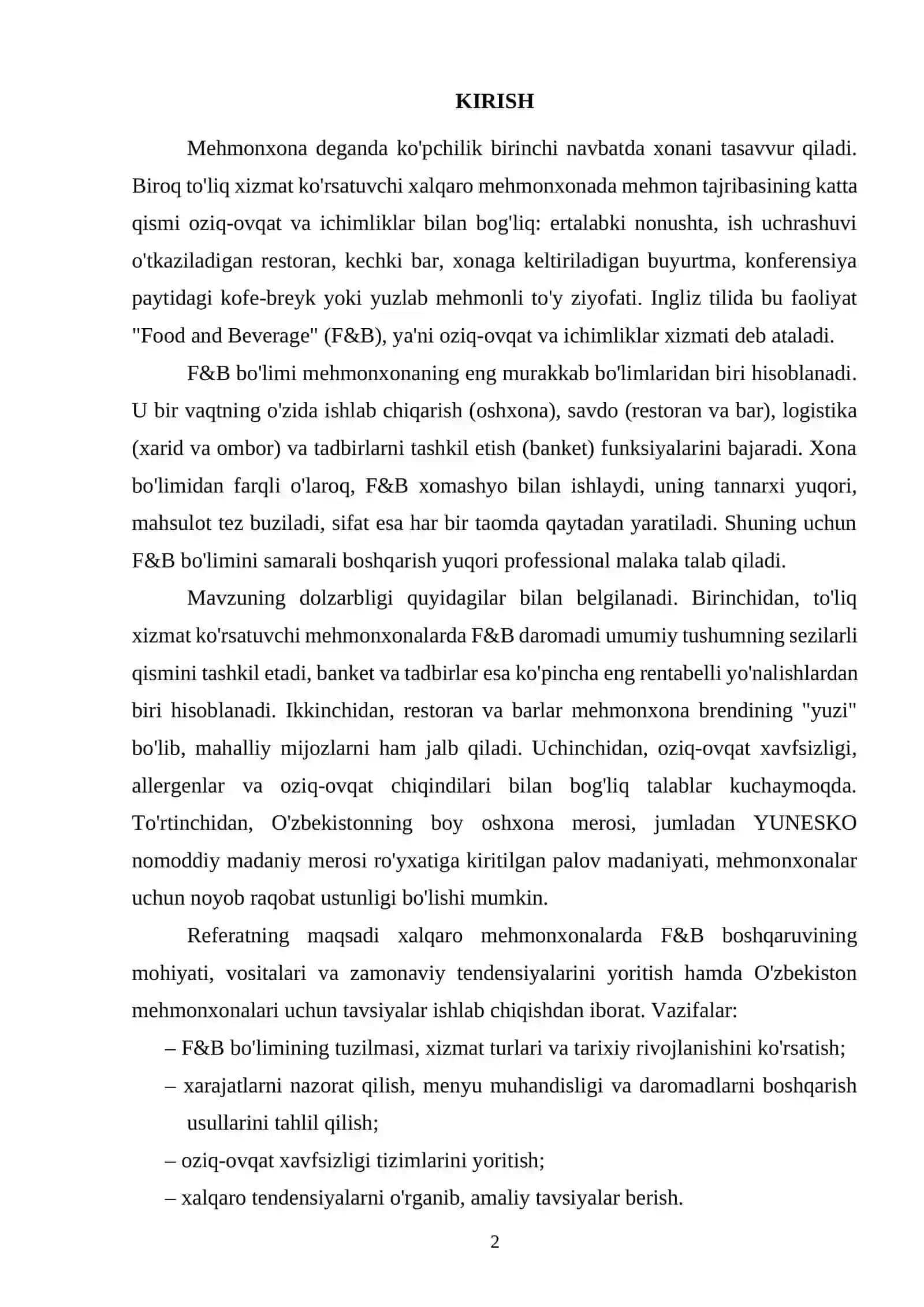 Xalqaro mehmonxona menejmentida F&B boshqaruvi 2