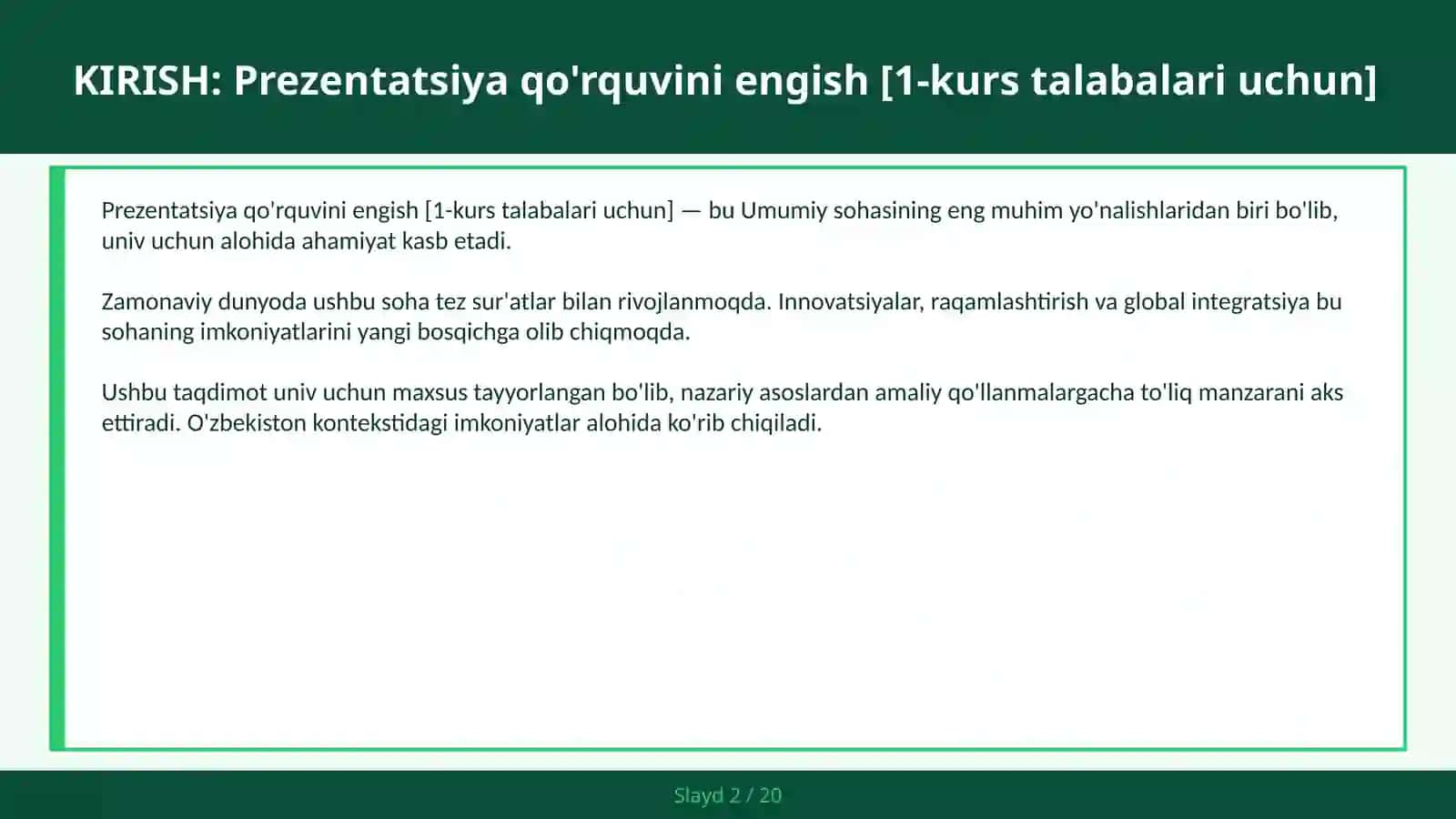 Prezentatsiya qo'rquvini engish [1-kurs talabalari uchun] 2