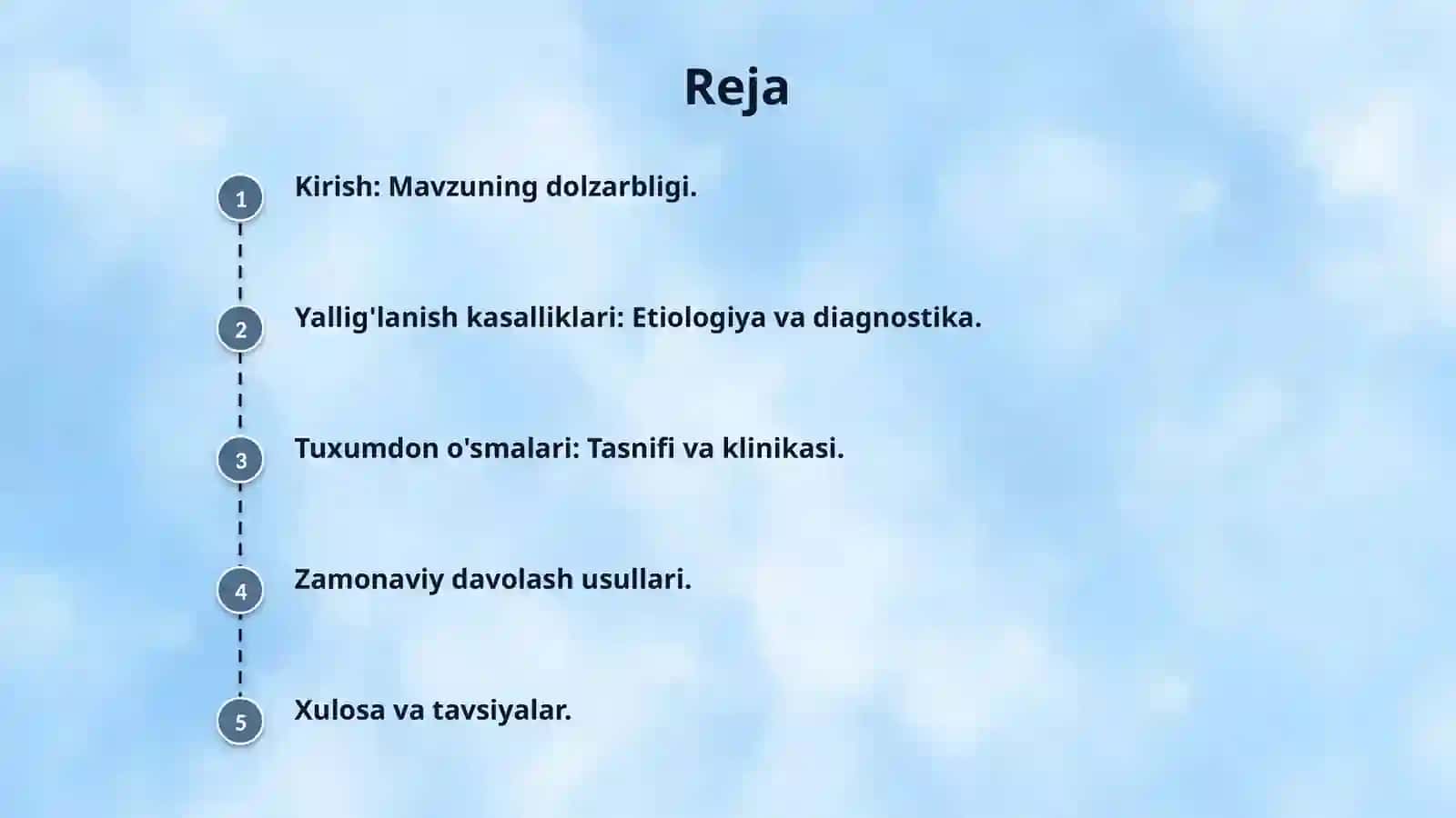 Ayollar jinsiy a’zolari spetsifik va nospetsifik etilogiyali yalligʻlanish kasalliklari.Tuxjmdon yaxshi va yomon sifatli oʻsma kasalliklari. 2