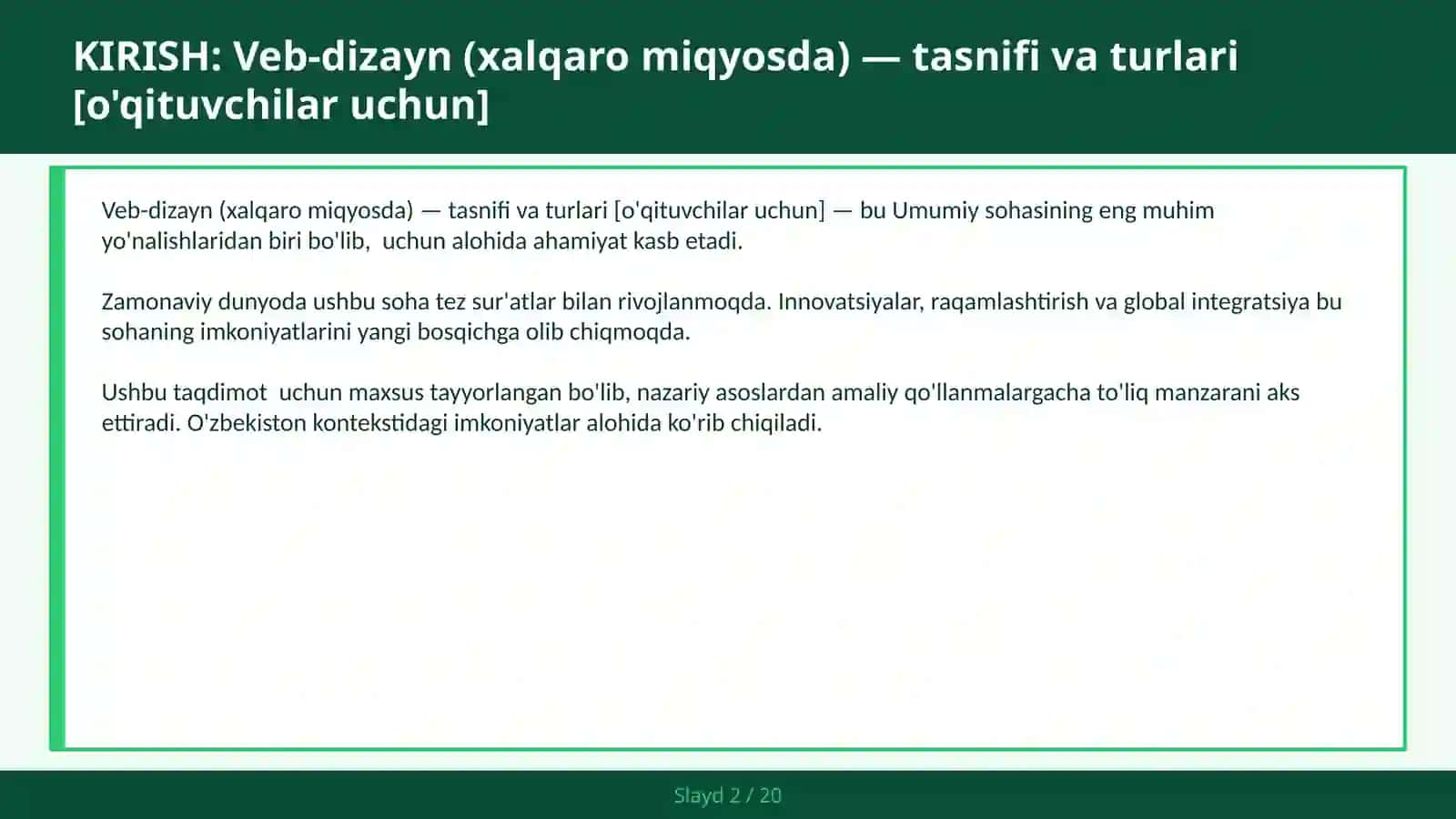 VEB-DIZAYN (XALQARO MIQYOSDA) — TASNIFI VA TURLARI [O'QITUVCHILAR UCHUN] 2