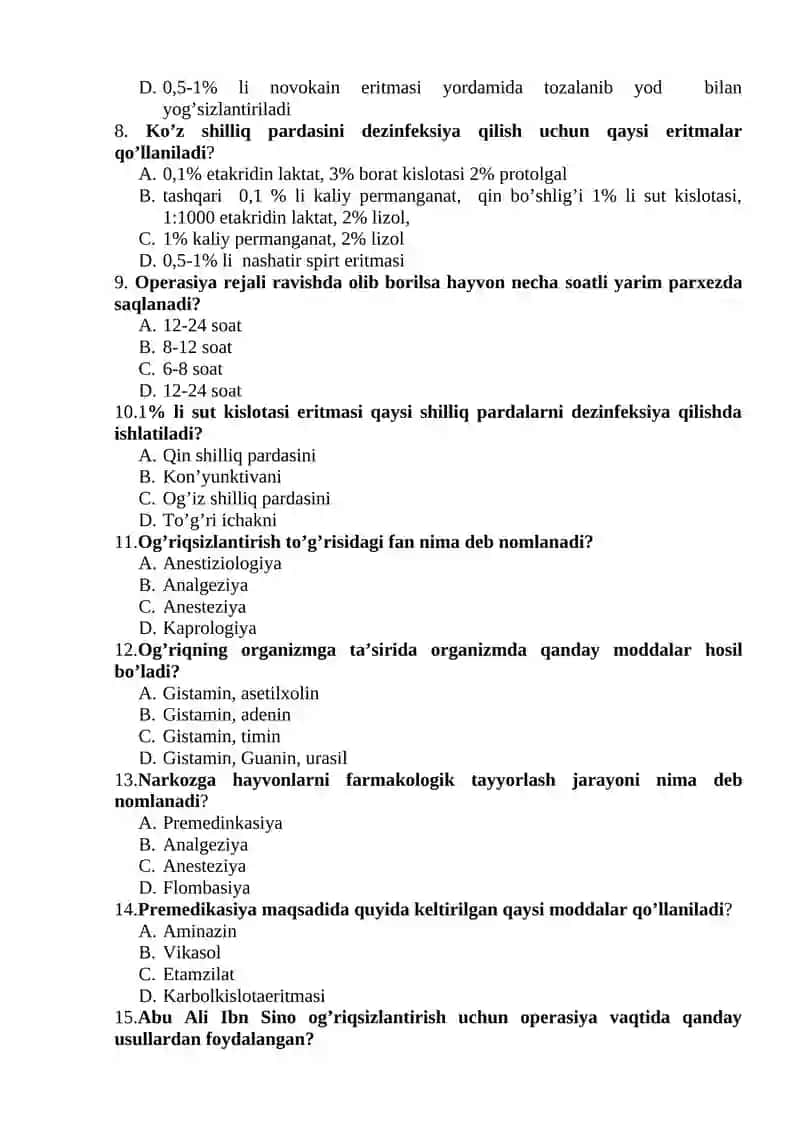 OPERATIV XIRURGIYA VA ANESTEZIOLOGIYA FANIDAN TEST SAVOLLARI 2