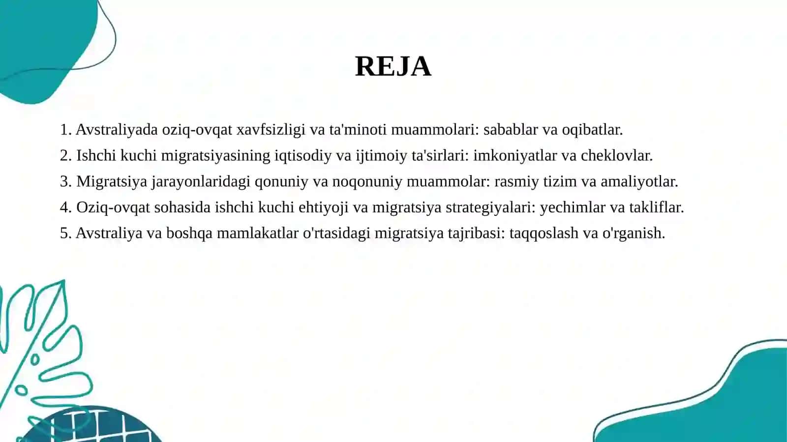 Avstraliya  davlatining oziq-ovqat muammosi, ishchi kuchi migratsiyasi va migratsiya  jarayonlaridagi muammolar tahlili 2