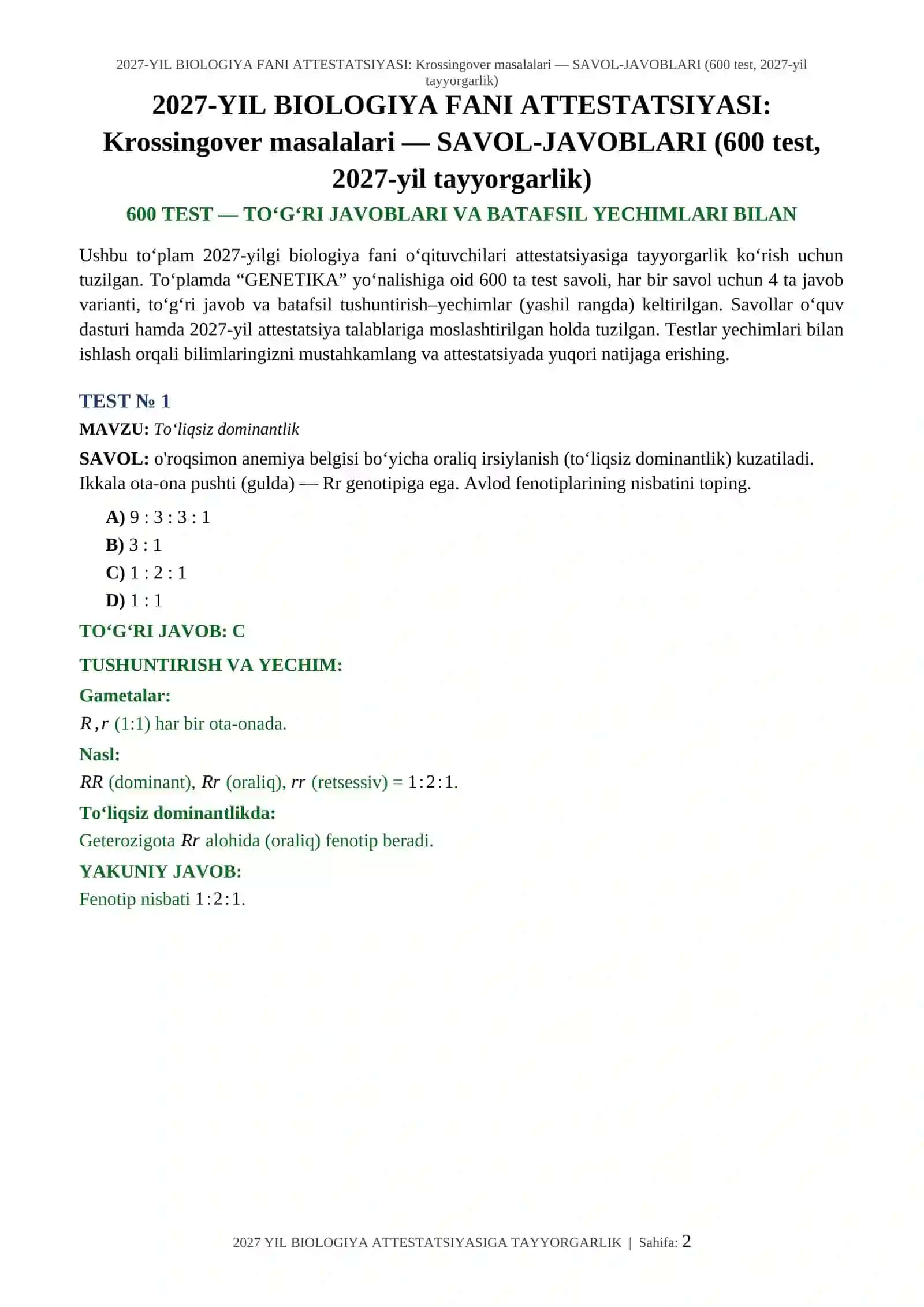 2027-YIL BIOLOGIYA FANI ATTESTATSIYASI: Krossingover masalalari — SAVOL-JAVOBLARI (600 test, 2027-yil tayyorgarlik) 2
