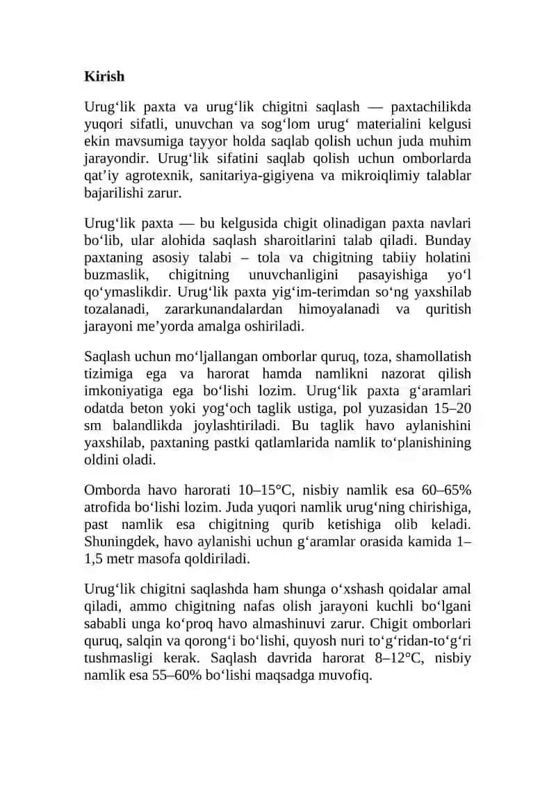Saqlash omborlarida urug’lik paxtani, urug’lik chigitni saqlash qoidalari va  talablari. 2