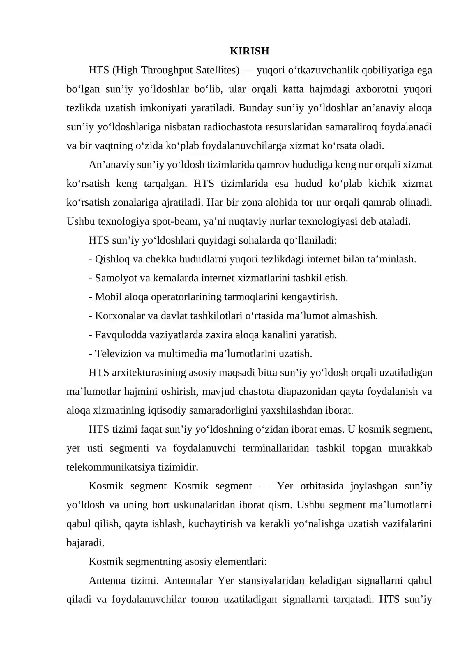 HTS (HIGH THROUGHPUT SATELLITES) VA VHTS TERABIT SUN’IY YO‘LDOSHLARINING TEXNIK ARXITEKTURASI. 2