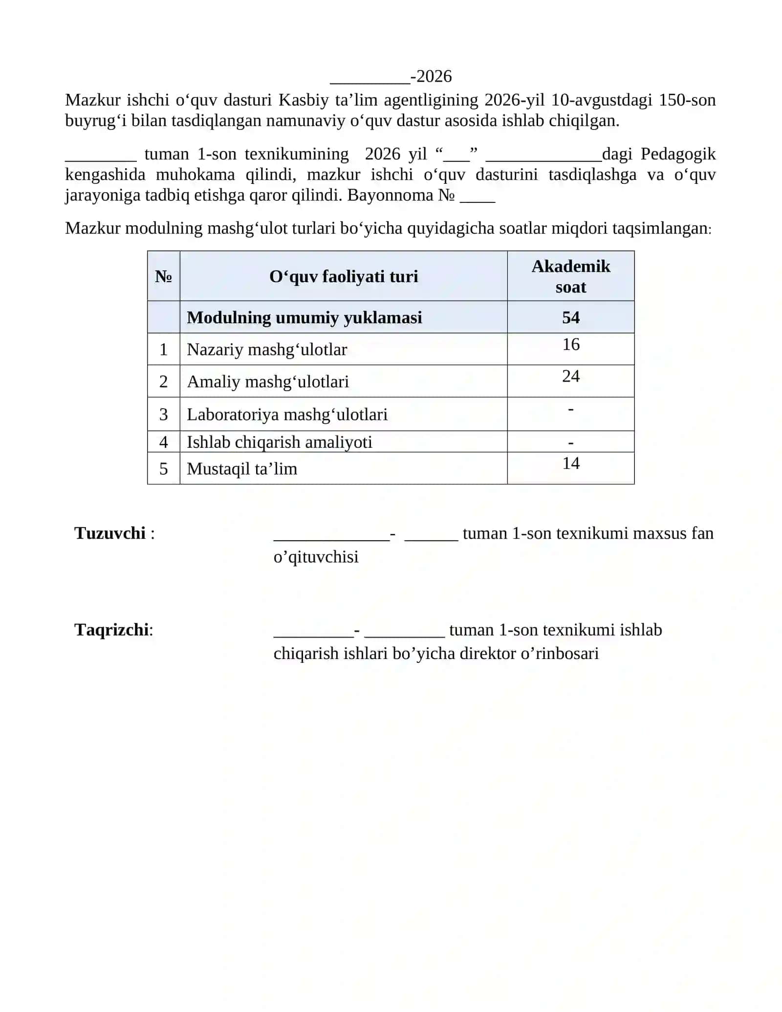 UKM1. Mehnat muhofazasi va ekologik xavfsizlik MODULLI ISHCHI  DASTURI 2