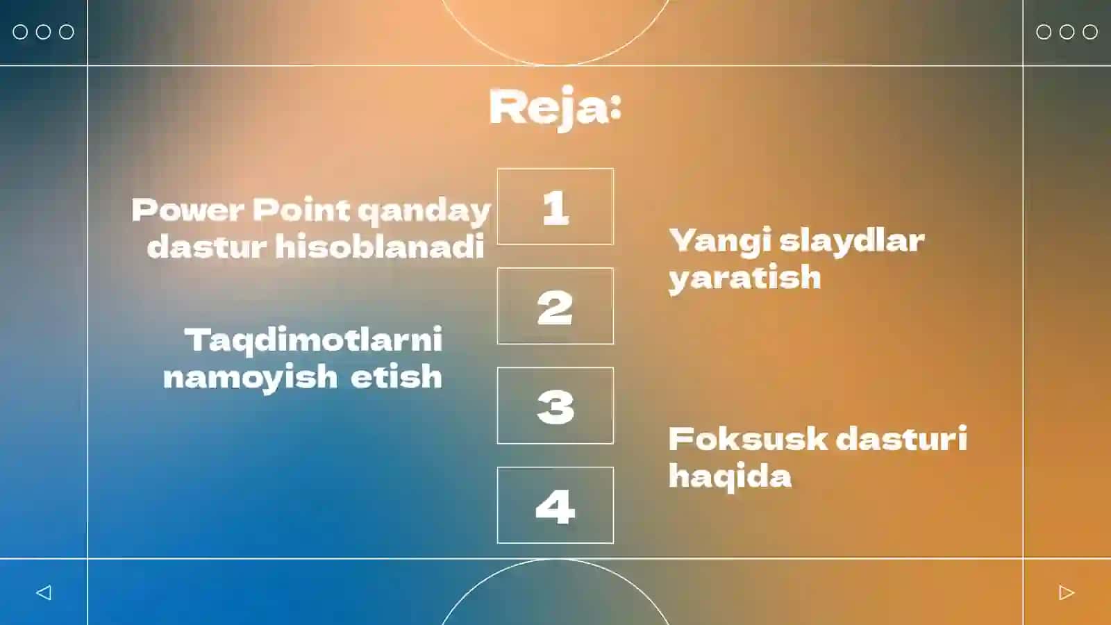 Taqdimot dasturlari(PowePoint,Prezi,Fosusky va boshqa dasturlar)da taqdimot tayyorlash 2