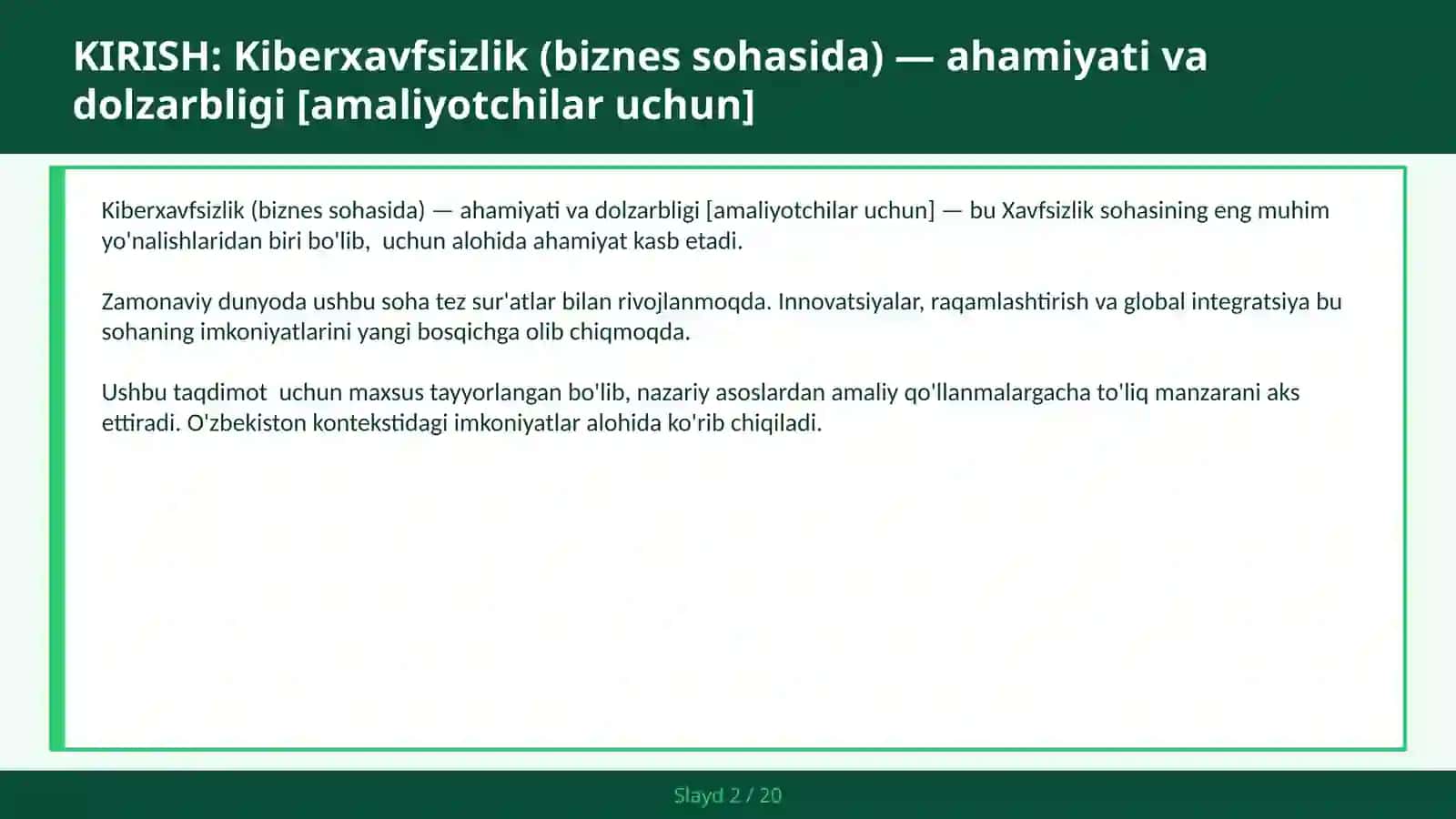 KIBERXAVFSIZLIK (BIZNES SOHASIDA) — AHAMIYATI VA DOLZARBLIGI [AMALIYOTCHILAR UCHUN] 2
