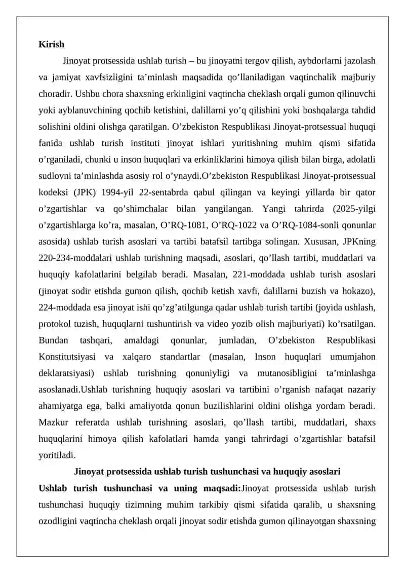 Jinoyat protsessida ushlab turish asoslari va o’tkazilish tartibi 2