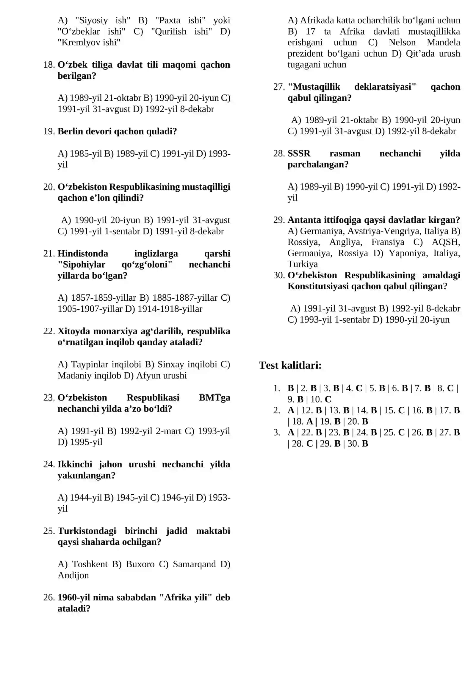 Tarix Fanidan Aralash Test (Jahon va O‘zbekiston) 2