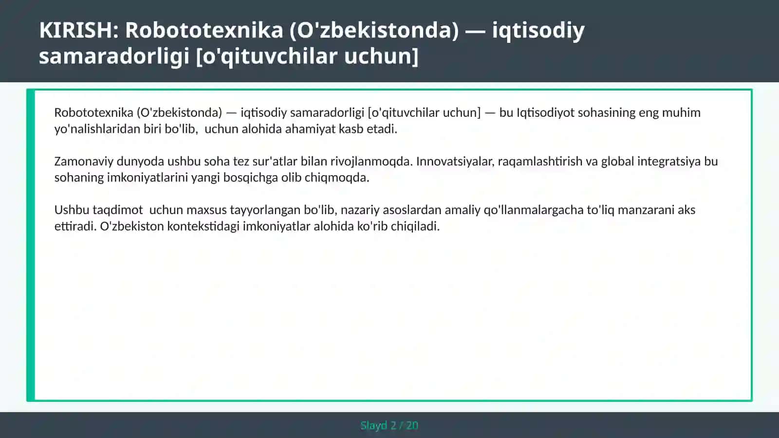 Robototexnika (O'zbekistonda) — iqtisodiy samaradorligi [o'qituvchilar uchun] 2