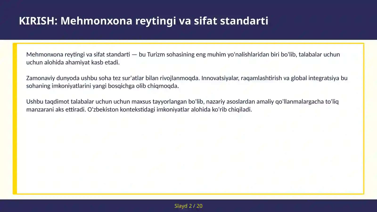 Mehmonxona reytingi va sifat standarti 2