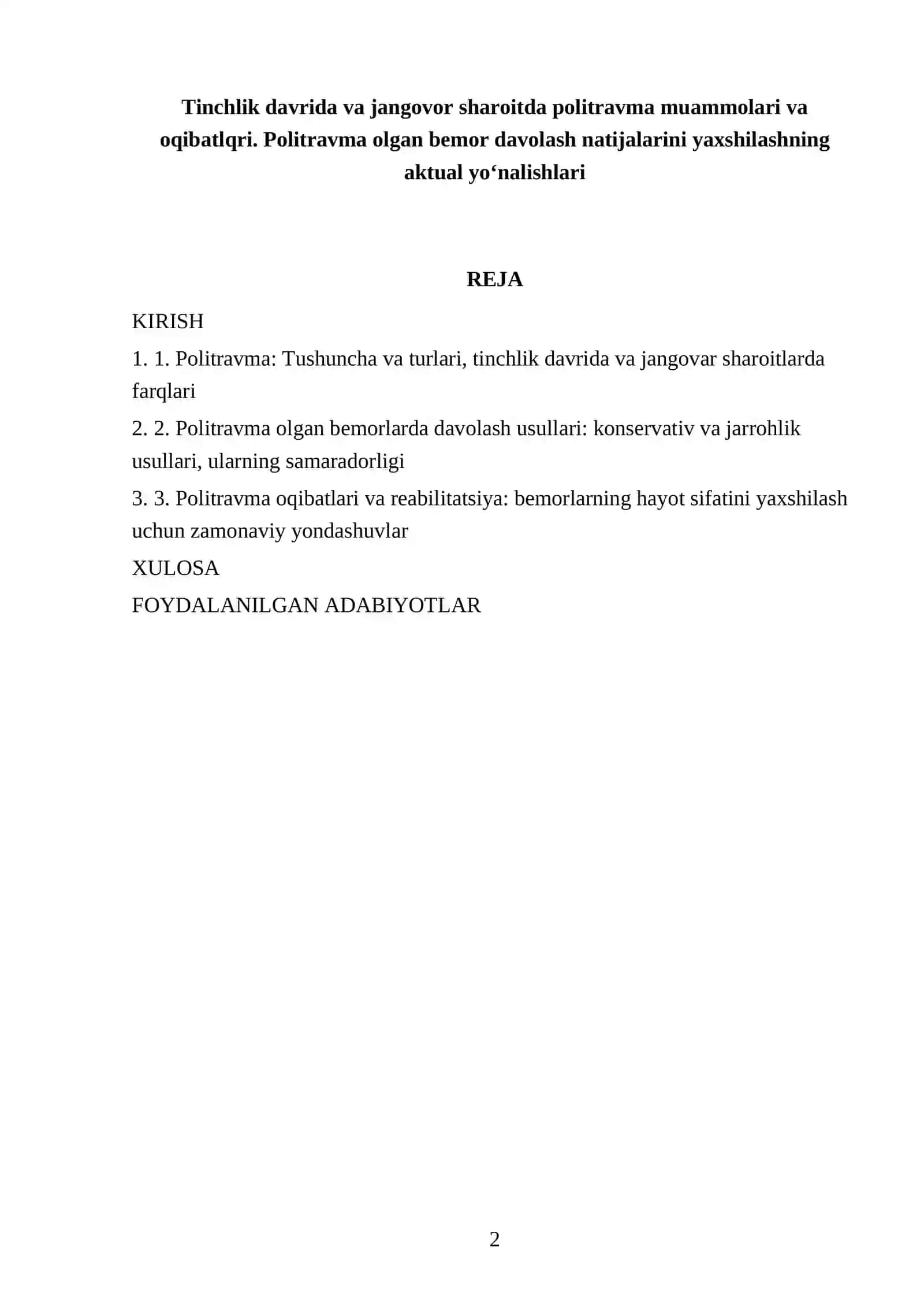 Tinchlik davrida va jangovor sharoitda politravma muammolari va oqibatlqri 2