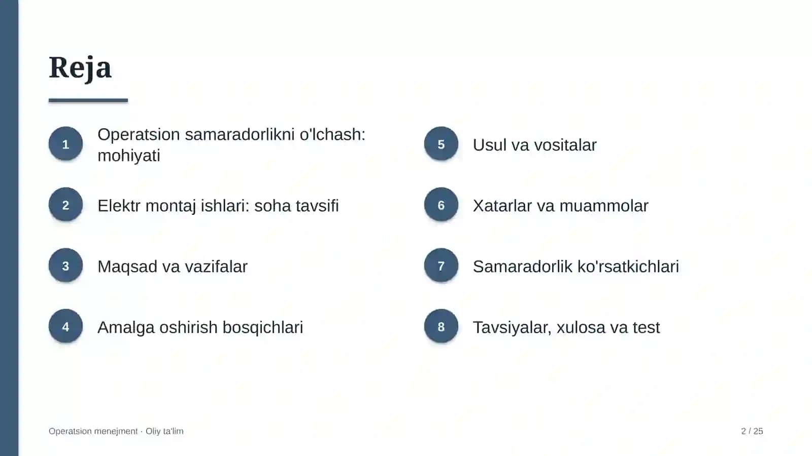 Elektr montaj ishlarida operatsion samaradorlikni o'lchash 2