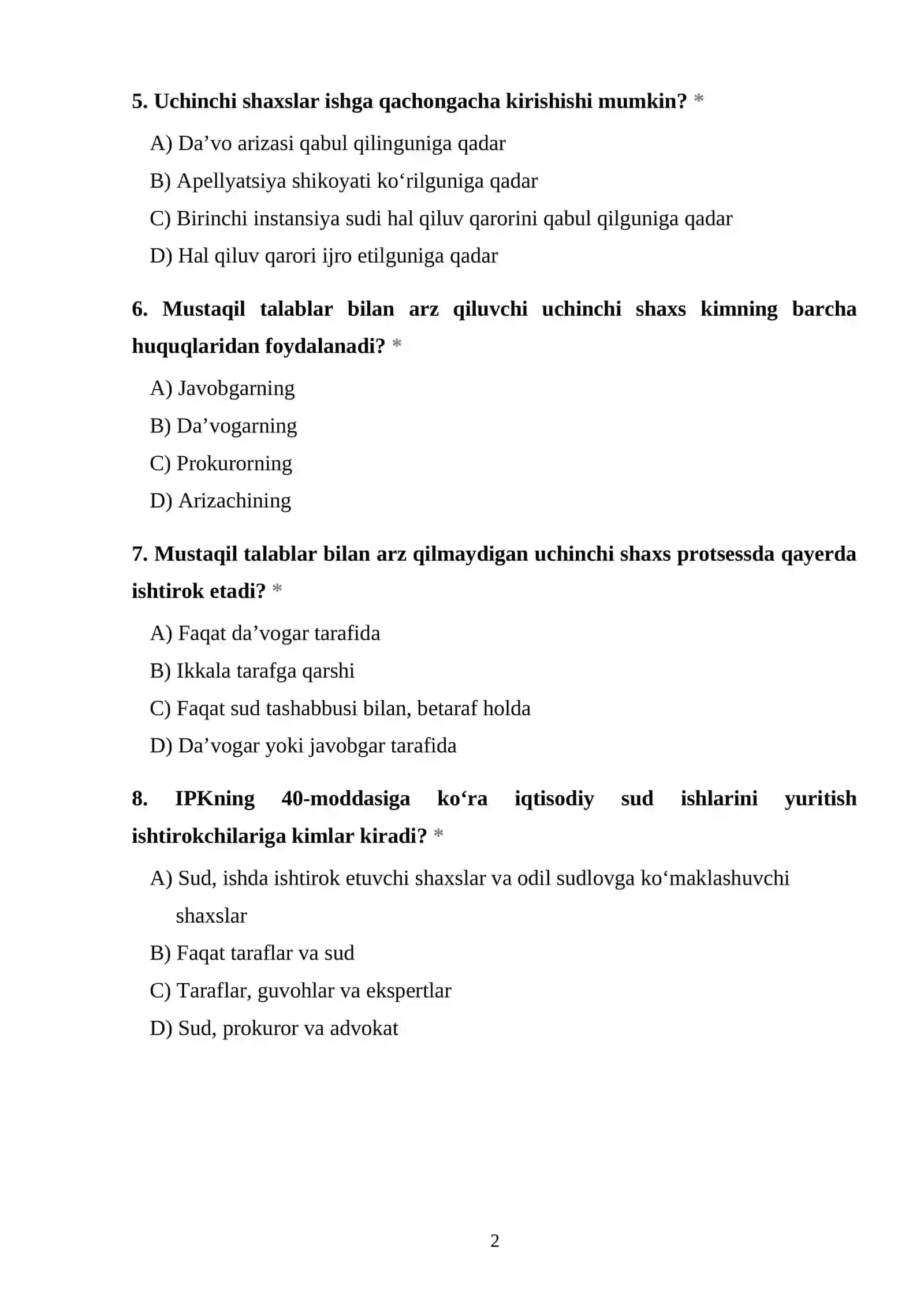 Iqtisodiy protsessual huquqi fanidan test 2
