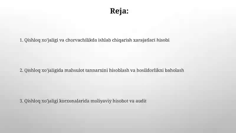 Дехкончилик ва чорвачиликда ишлаб чикариш харажатлари хисоби ва молиявий хисобот 2