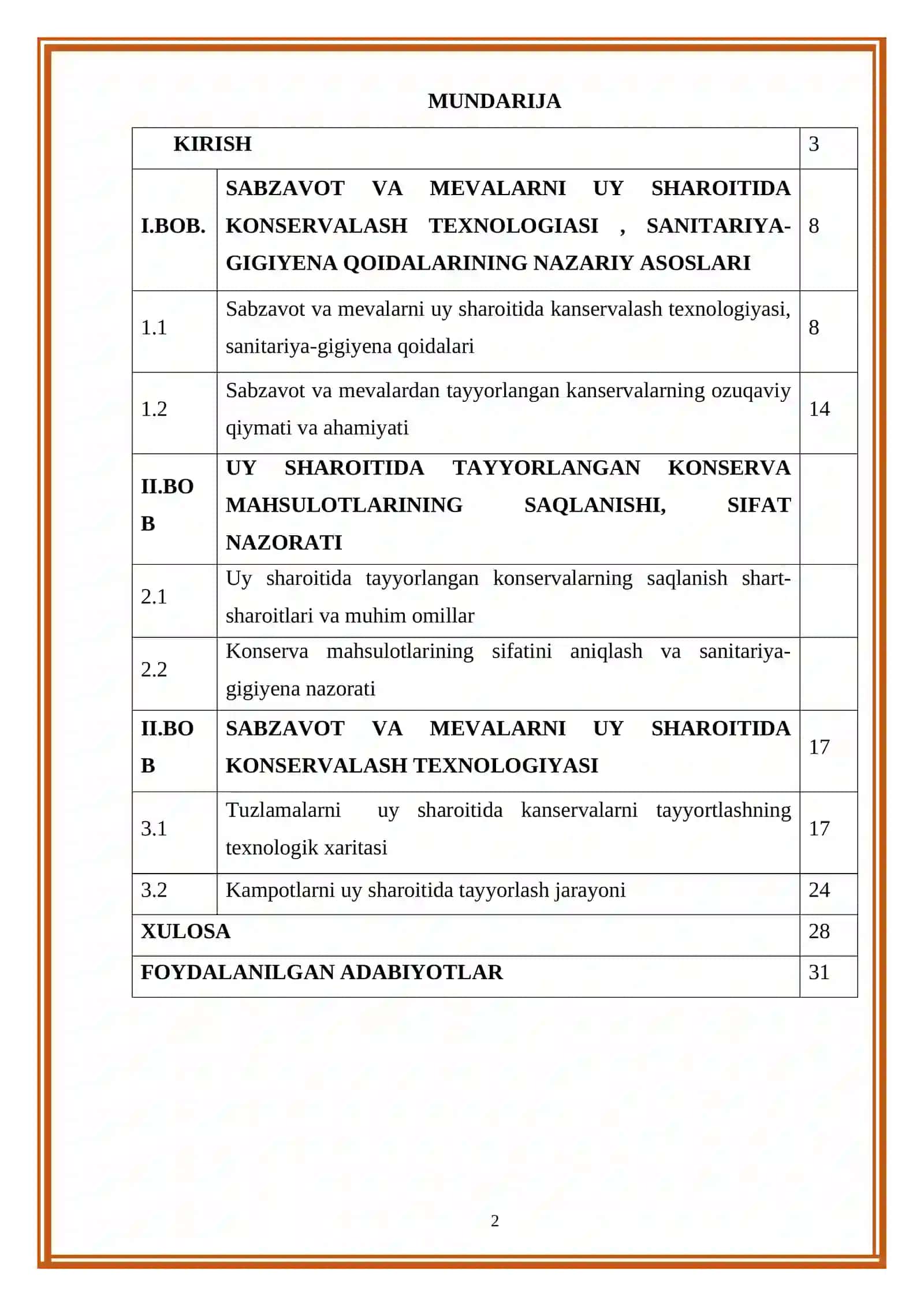 MAHSULOT TAYYORLASH TEXNOLOGIYASI KURS ISHI 2