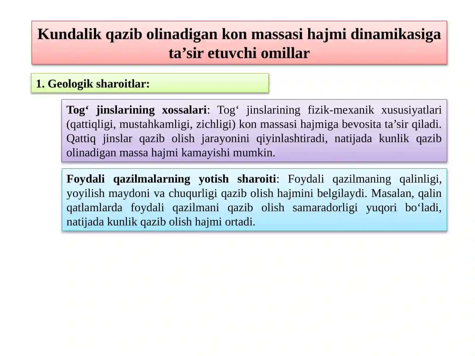 Kundalik qazib olinadigan kon massasi hajmi dinamikasiga ta’sir etuvchi omillar 2