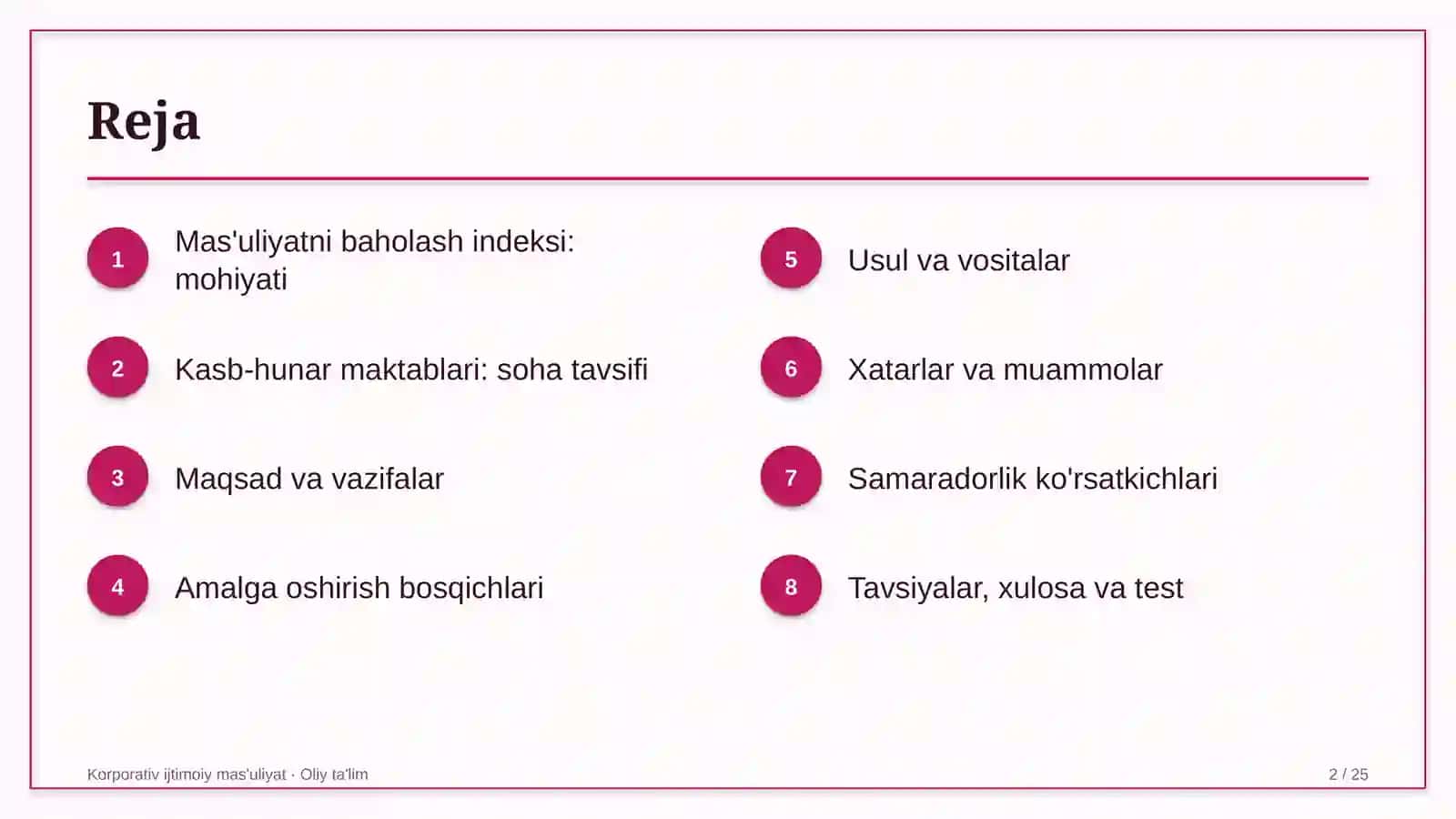 Kasb-hunar maktablarida ijtimoiy mas'uliyatni baholash indeksini joriy etish 2