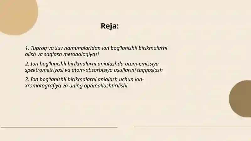 Tuproq va suvning ifloslanishida ion bogʻlanishli birikmalarni aniqlab ulardan tozalash usulini ishlab chiqish 2