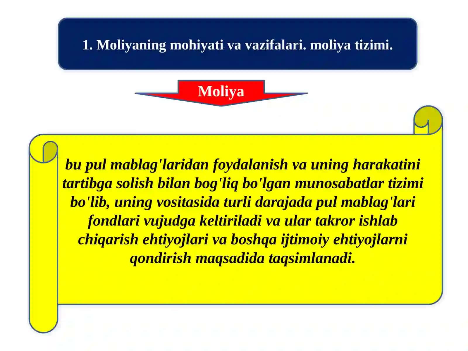 Moliyaning mohiyati va vazifalari.moliya tizimi 2