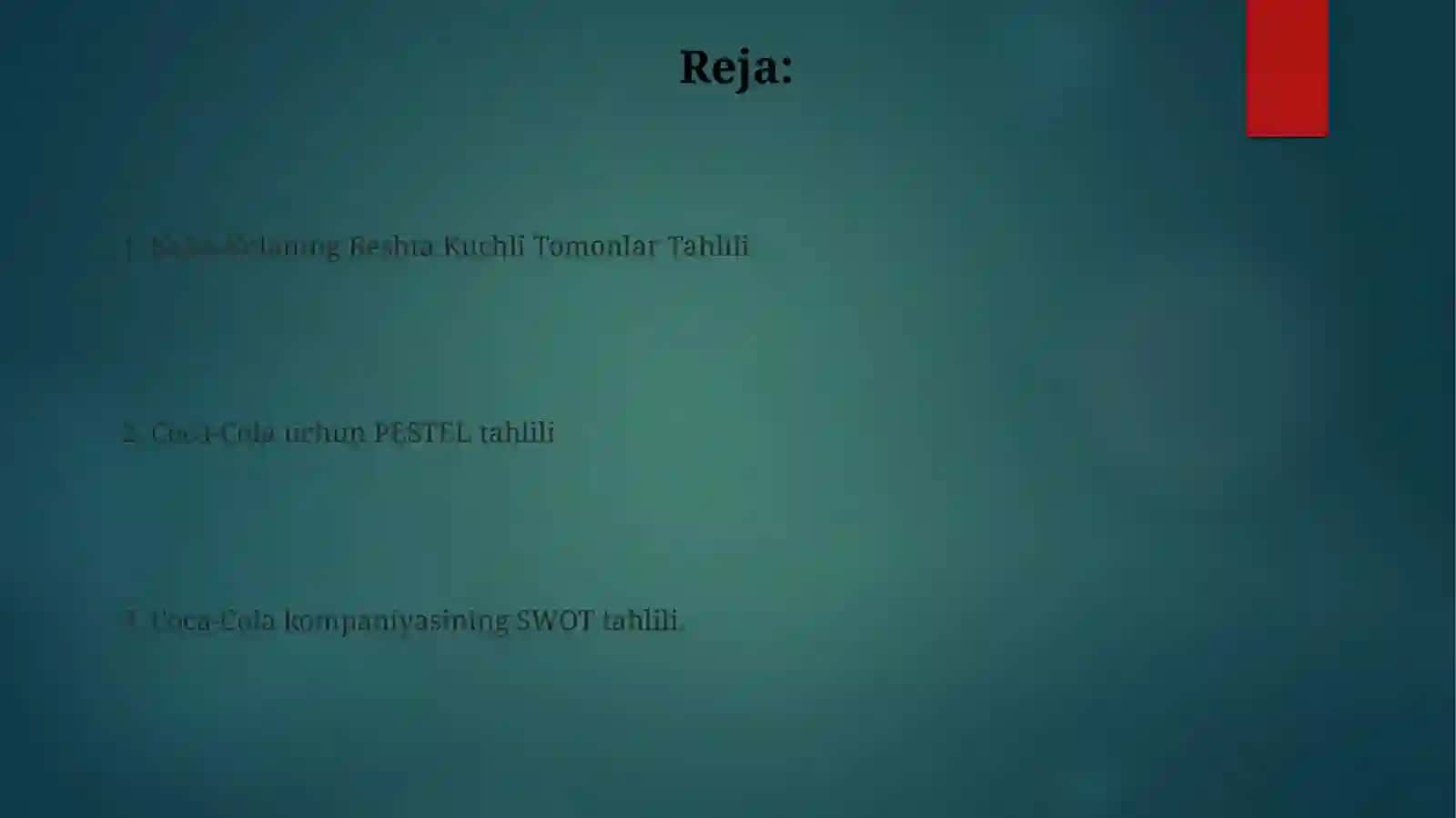 Coca-colakompaniyasiningmarketingtadqiqidlari:Pesteltahlili, SWOTtahlilivaPorterning5kuchibo'yicha 2
