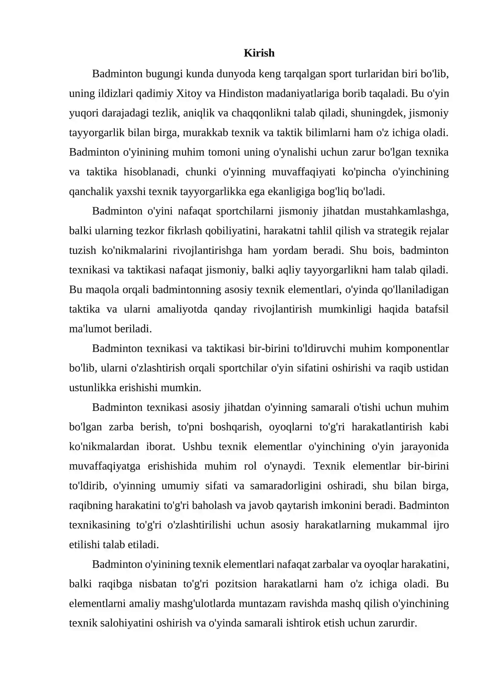 BADMINTON O'YINI TEXNIKASI VA TAKTIKASINING TASNIFI 2