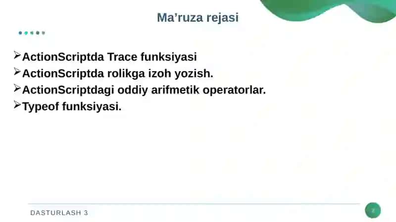 Trace funksiyasi, rolikga izoh yozish va oddiy arifmetik operatorlar. Satr va satrlar ustida bajariladigan amallar. Typeof() funksiyasi 2