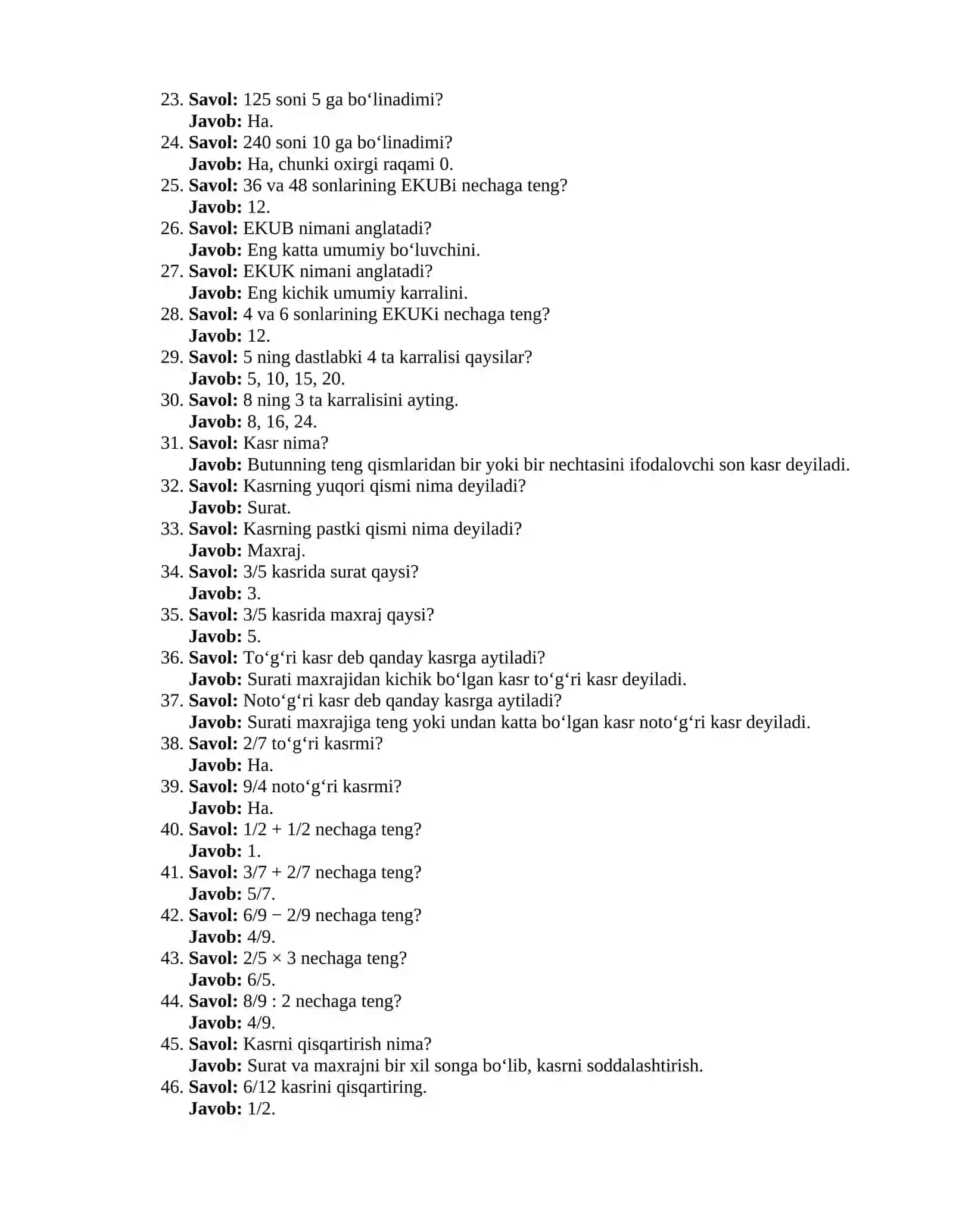6-sinf matematika fanidan 200 ta savol-javob 2