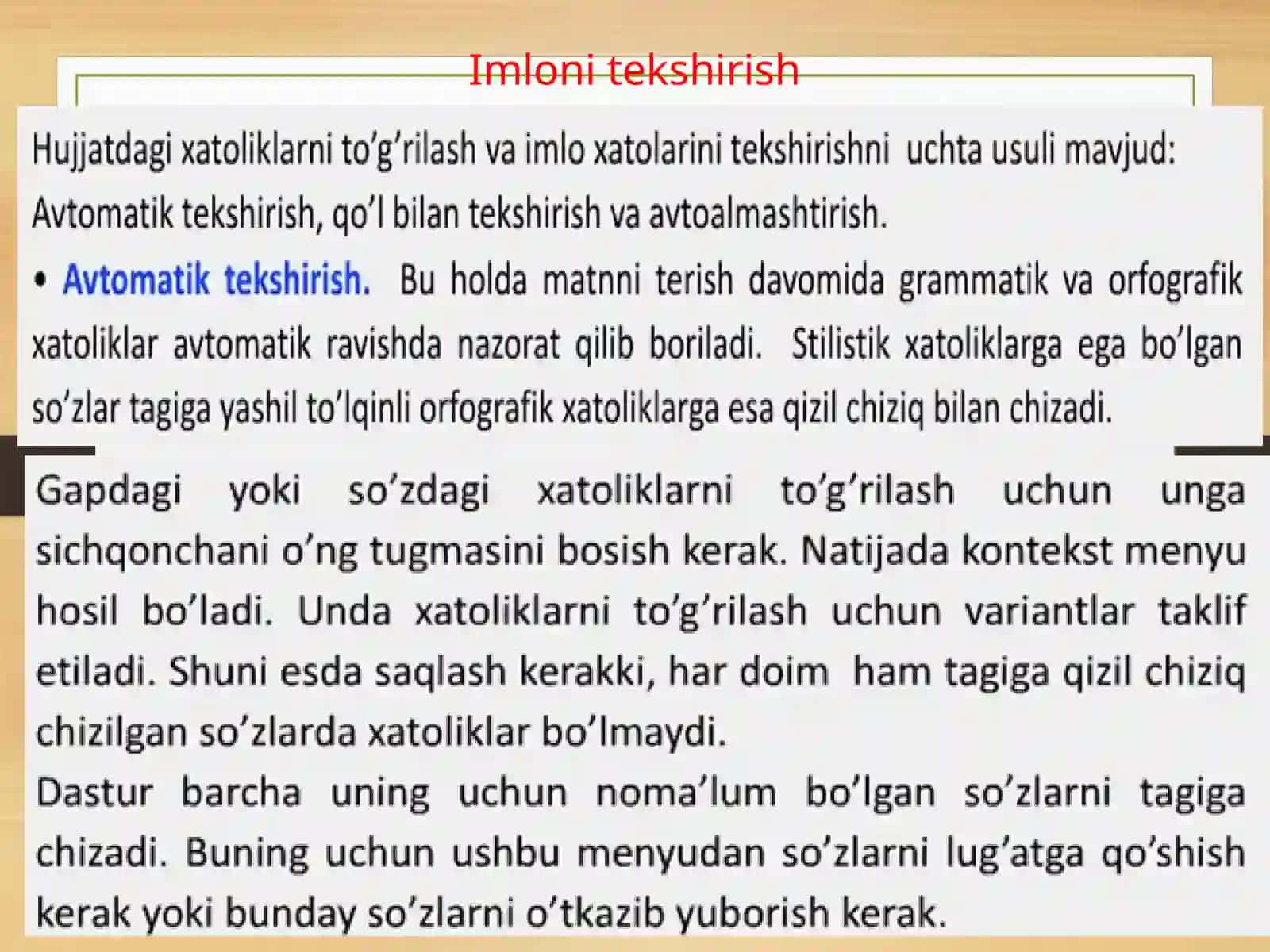 Raqamli axborot va matnni qayta ishlashning Asosiy tamoyillari. Imlonitekshirish Imlonitekshirishtexnologiyasi 2