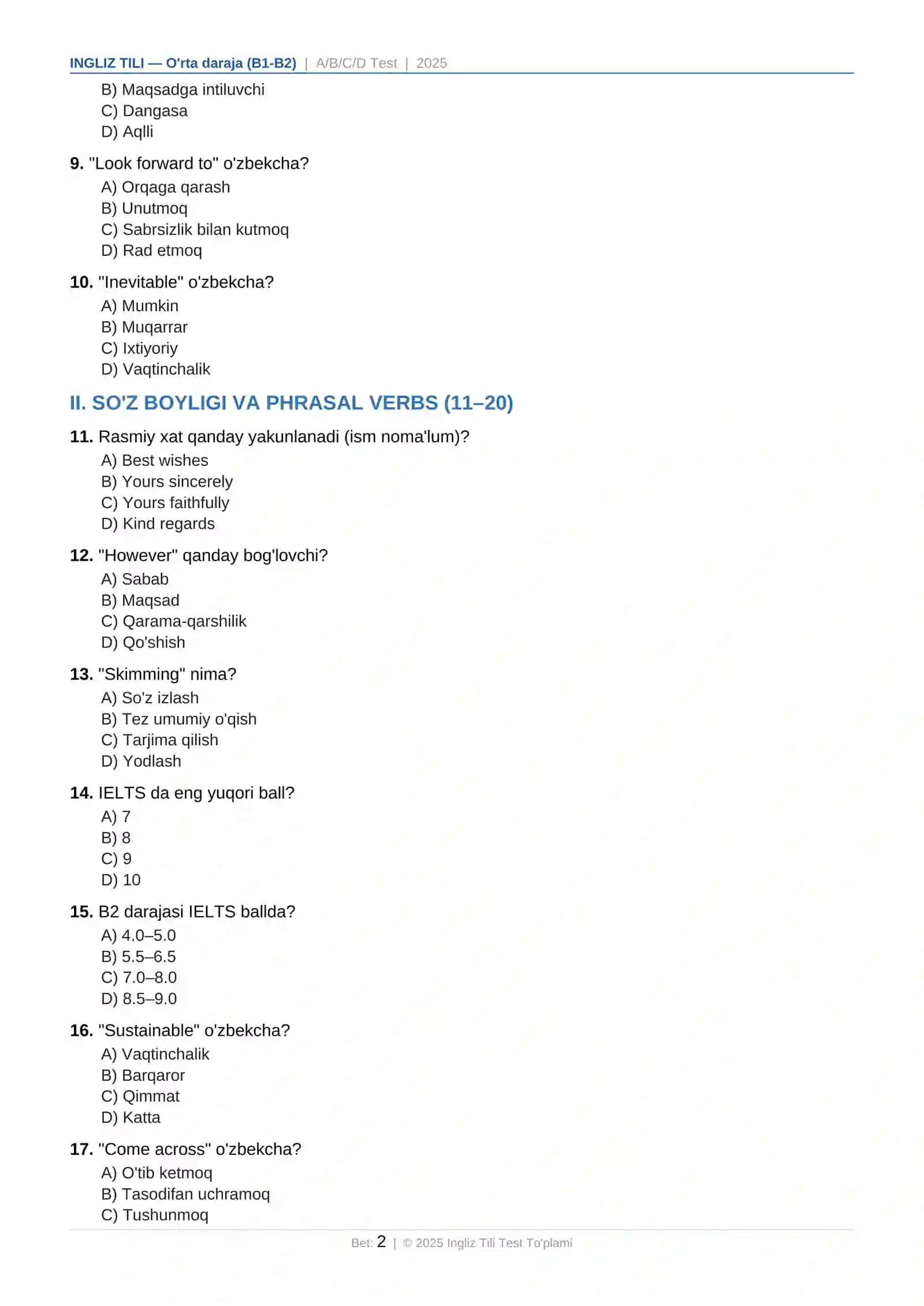 Ingliz Tili Test | O'rta daraja B1/B2 | 30 ta A/B/C/D savol | Javoblar kaliti bilan 2