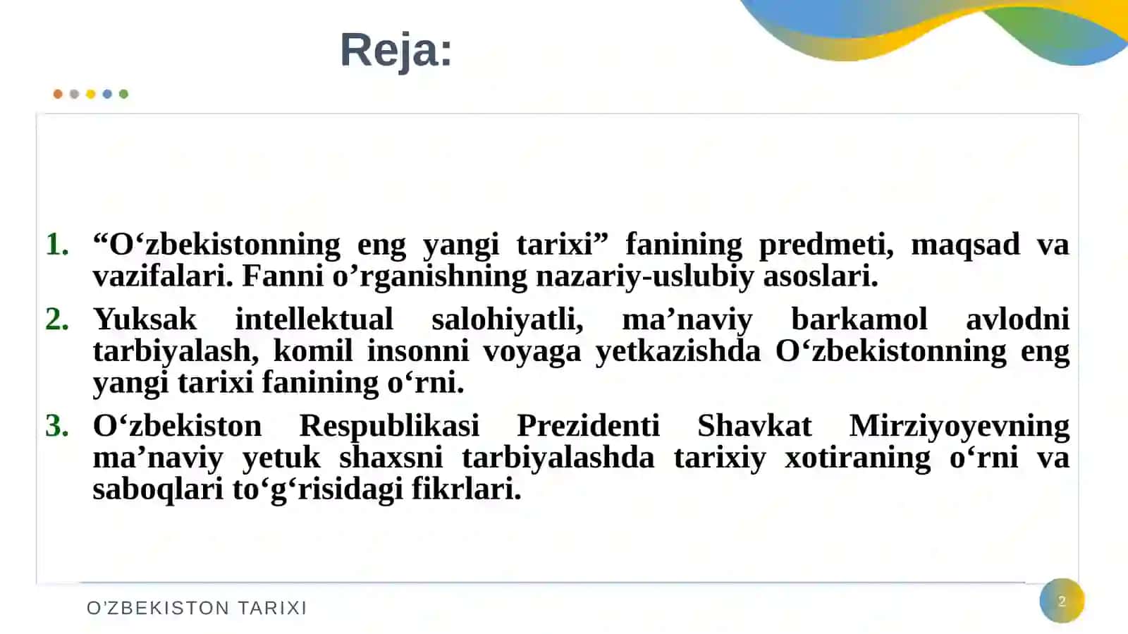 "O'zbekitonning eng yangi tarixi" faniga kirish 2