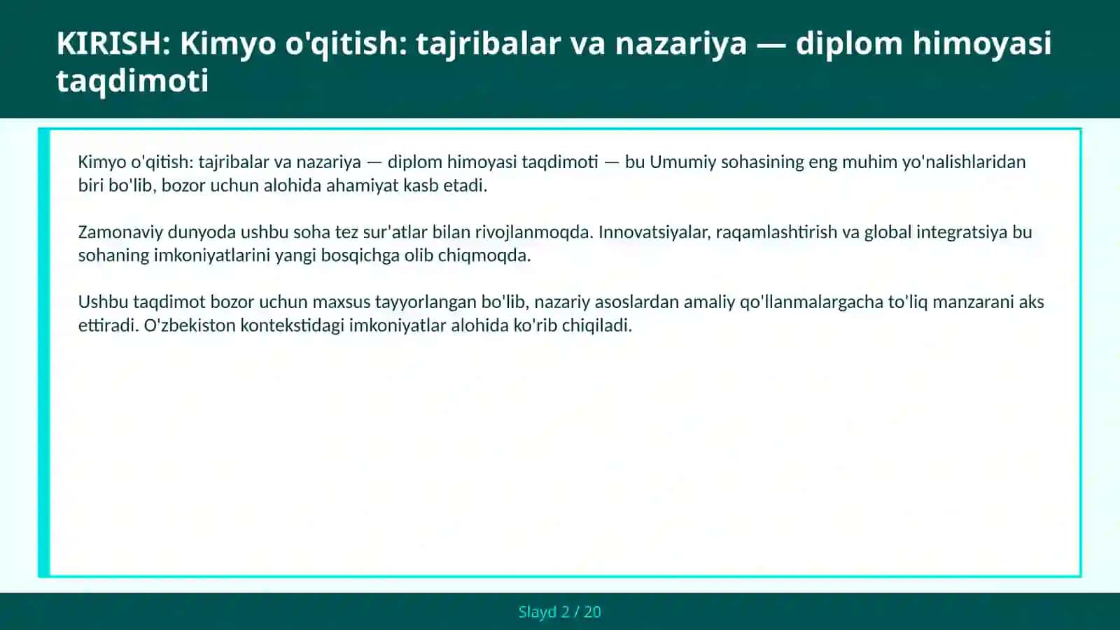 Kimyo o'qitish: tajribalar va nazariya — diplom himoyasi taqdimoti 2