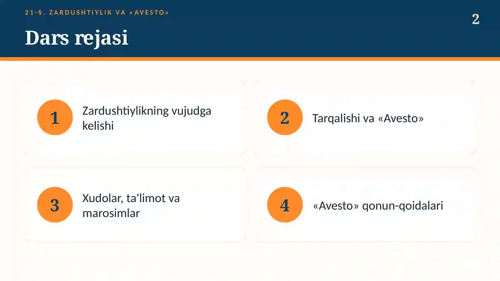 Zardushtiylik va "Avesto": Zardusht ta'limoti, xudolar, marosimlar (21-§, 6-sinf, 18 slayd) 2