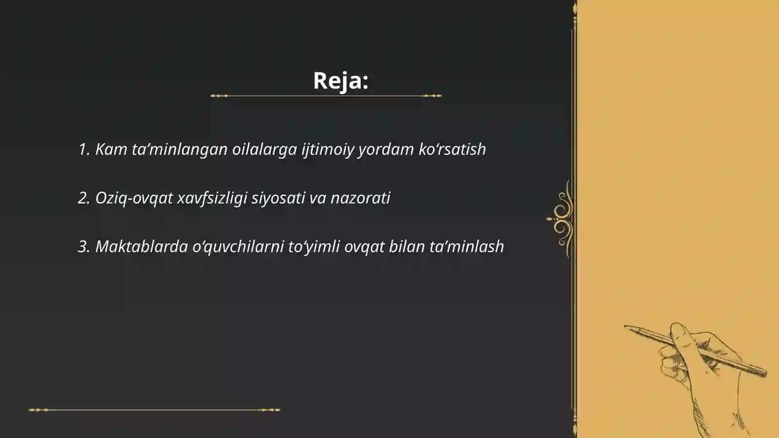 Kam taʼminlanganlik darajasini qisqartirish,oziq ovqat xavfsizligi va ovqatlanish, sogʻlik va farovonlik,sifatli talim - Abdimurodova Dilafruz 2