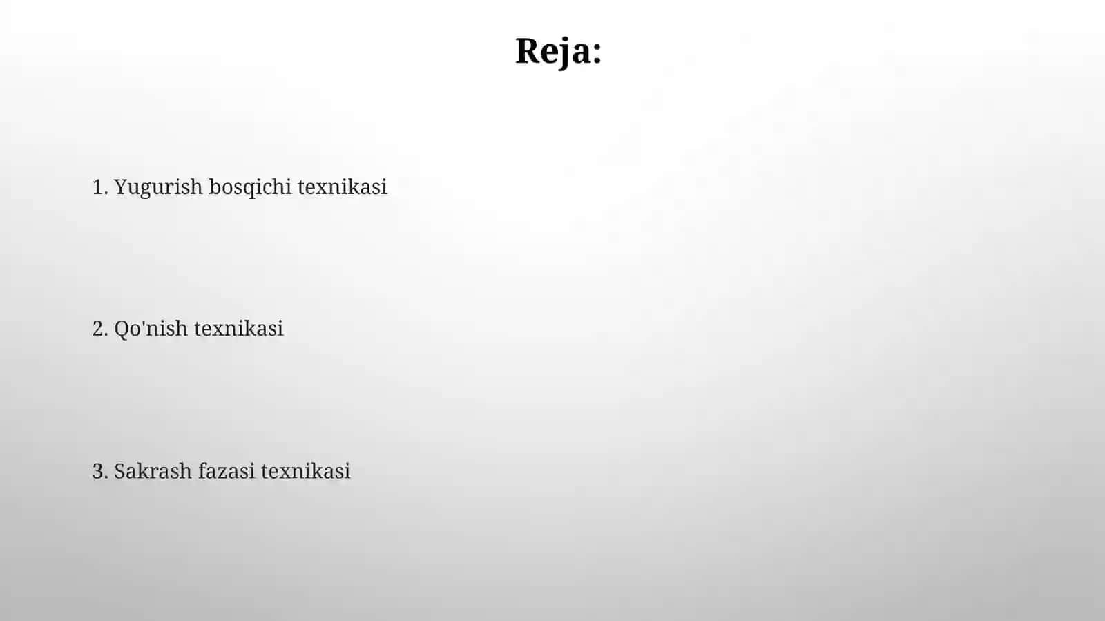 Yengil atletika: Yugurib kelib uzunlikka sakrash texnikasini òrgatish 2