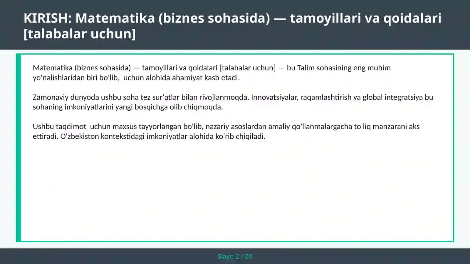 Matematika (biznes sohasida) — tamoyillari va qoidalari [talabalar uchun] 2