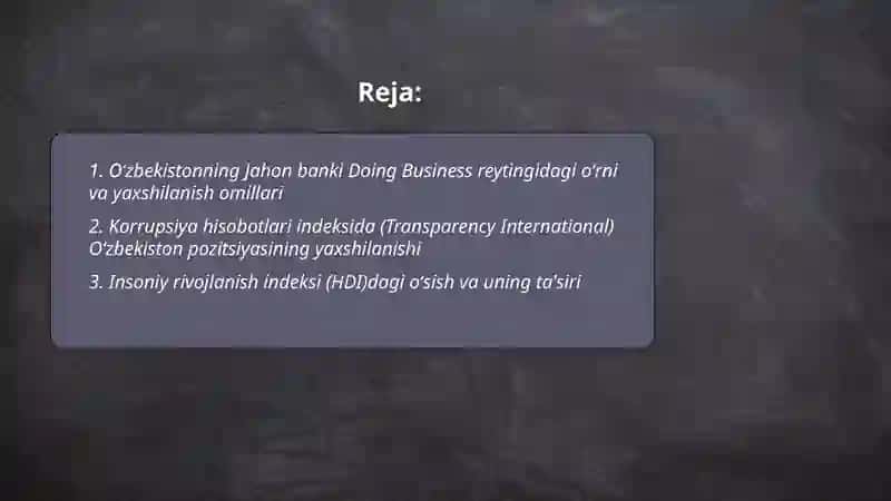 Oʻzbekiston Respublikasining xalqaro reyting va indekslardagi oʻrni va nufuzini ortib borishi 2