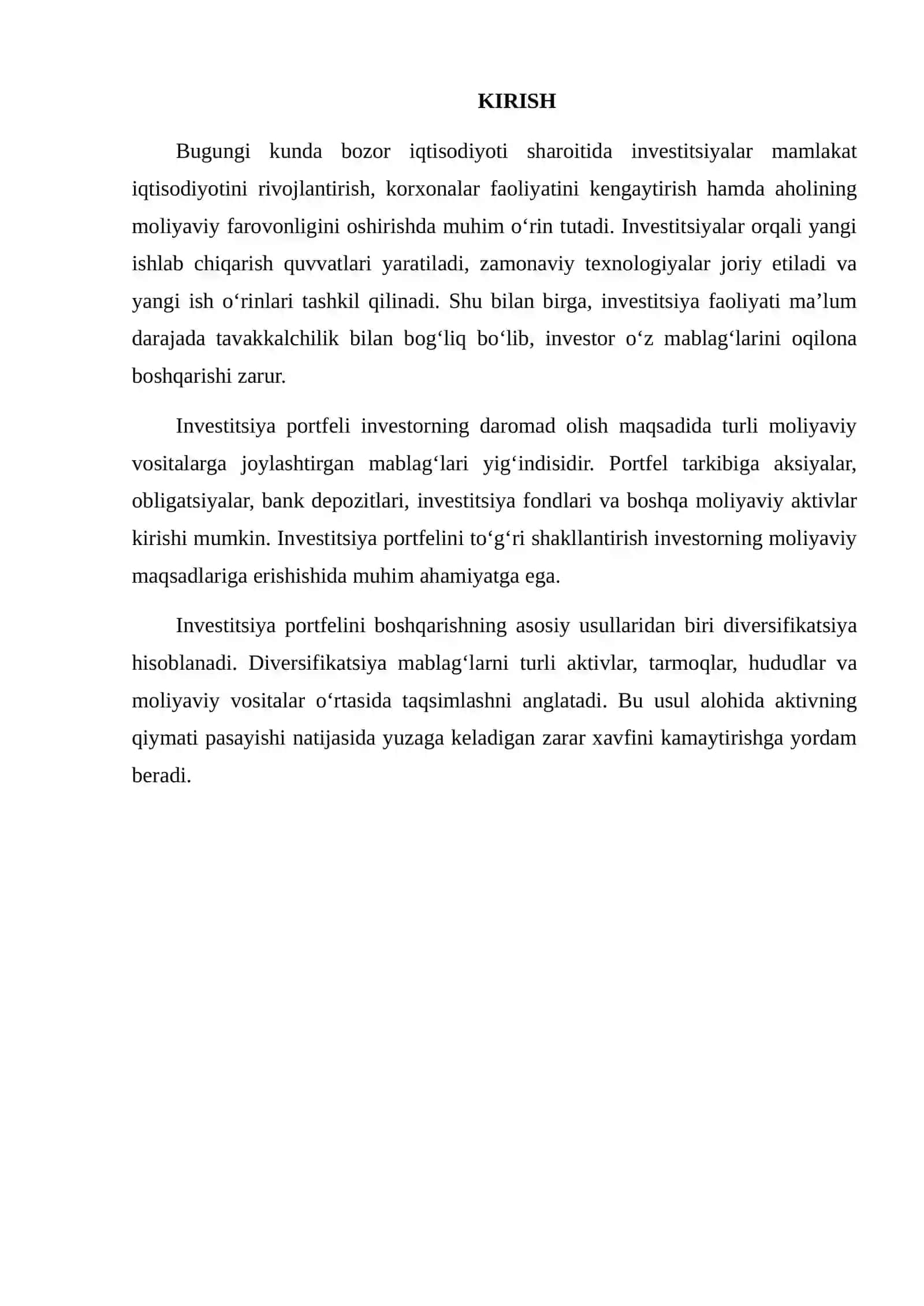 INVESTITSIYA PORTFELI VA UNI DIVERSIFIKATSIYA QILISH 2