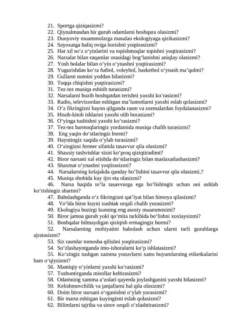 QOBILIYATNI ANIQLASH TESTI 2