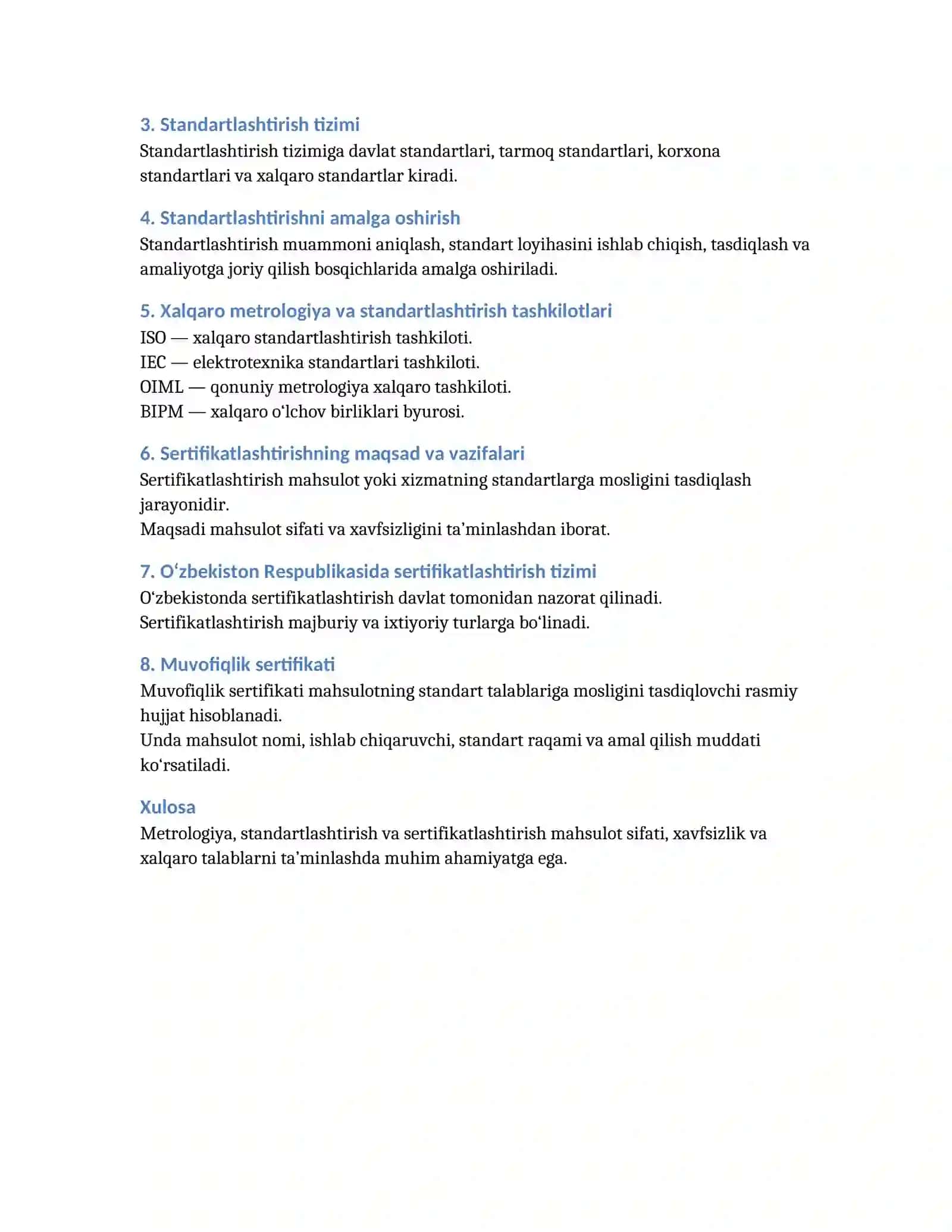 Metrologiya, Standartlashtirish va Sertifikatlashtirish 2
