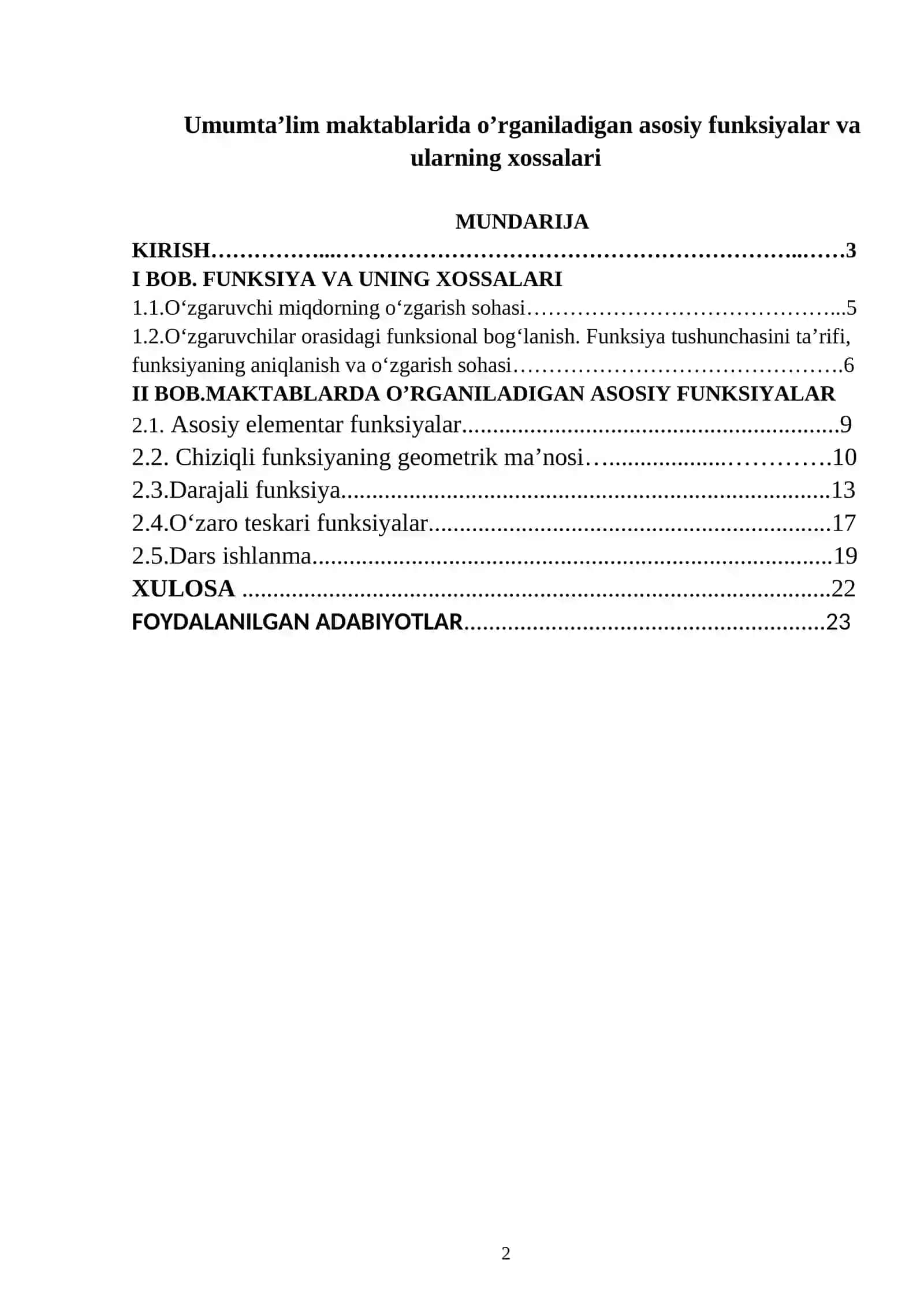 Umum ta’lim maktablarida o’rganiladigan asosiy funksiyalar va ularning xossalari 2