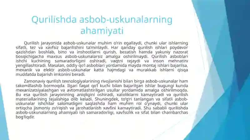 Qurilishda ishlatiladigan asbob-uskunalar va o‘lchov qurilmalari bilan tanishish 2