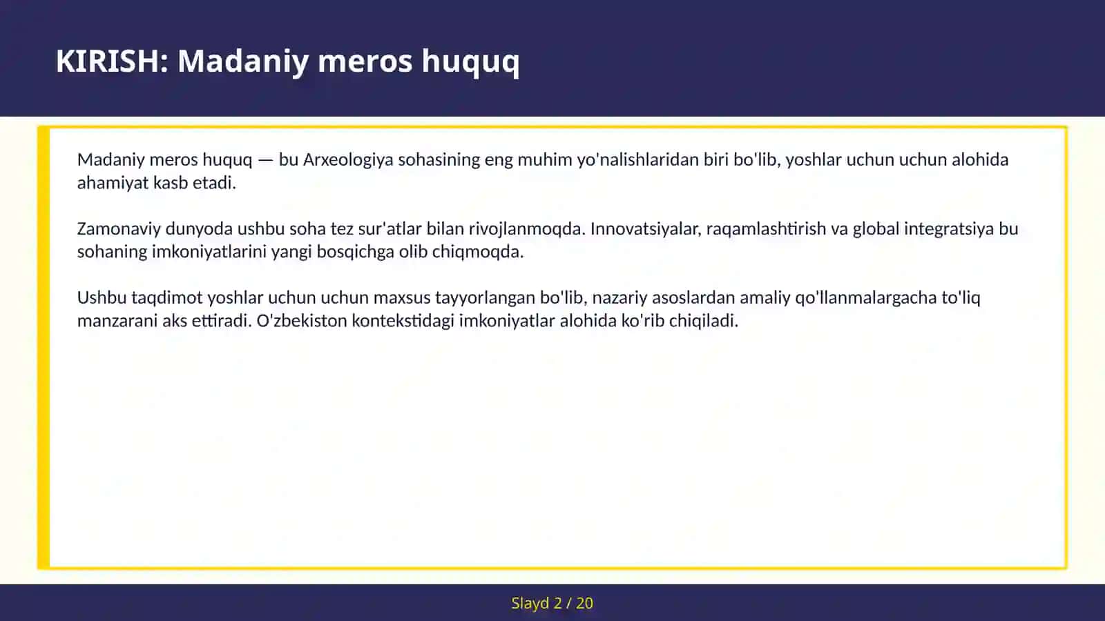 Madaniy meros huquq — yoshlar uchun 2