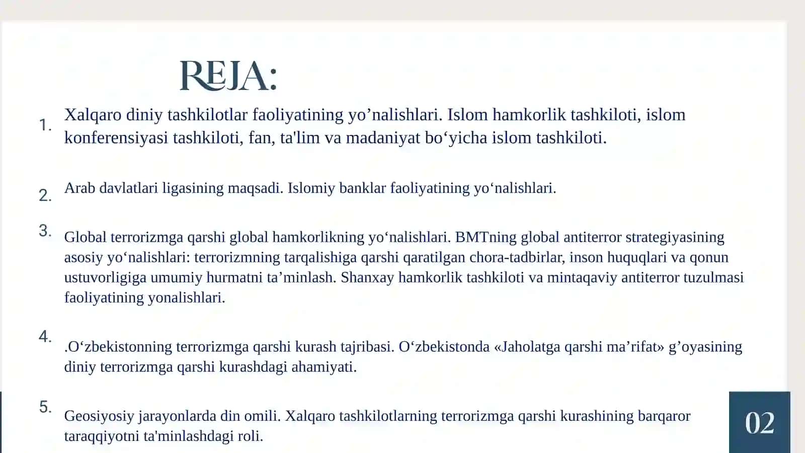 MAVZU: XALQARO DINIY TASHKILOTLAR FAOLIYATINING TARIXI VA ULARNING BARQAROR RIVOJLANISH MAQSADLARIGA ERISHISHDAGI AHAMIYATI  -MAVZUSIDA TAQDIMOT 2