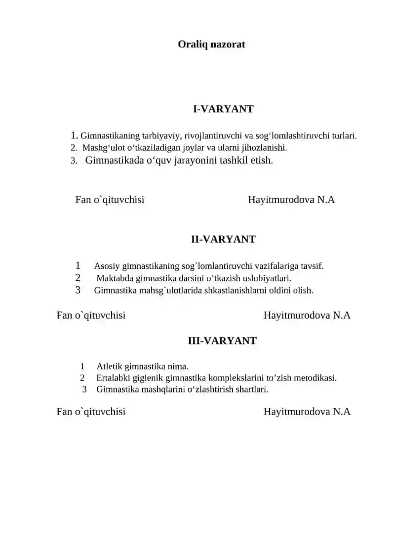 Gimnastika va uni o’qitish metodikasi (1 kurs) 2